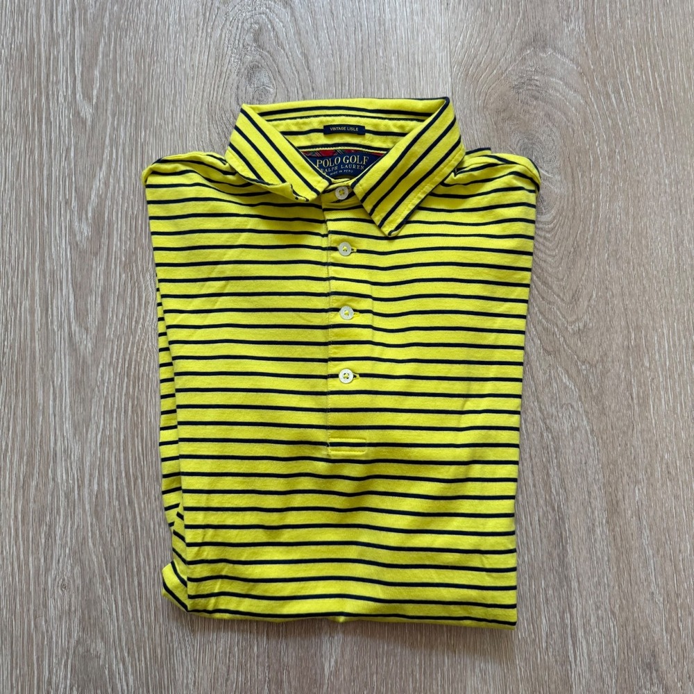 Polo Golf Ralph Lauren Vintage Lisle Men S Yellow Short Sleeve Striped Collar - Picture 3 of 6
